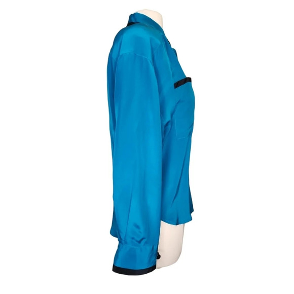 Vintage Eleanor P Brenner Silk Blouse Blue & Black Button Down Size Medium Flaws - Picture 4 of 14